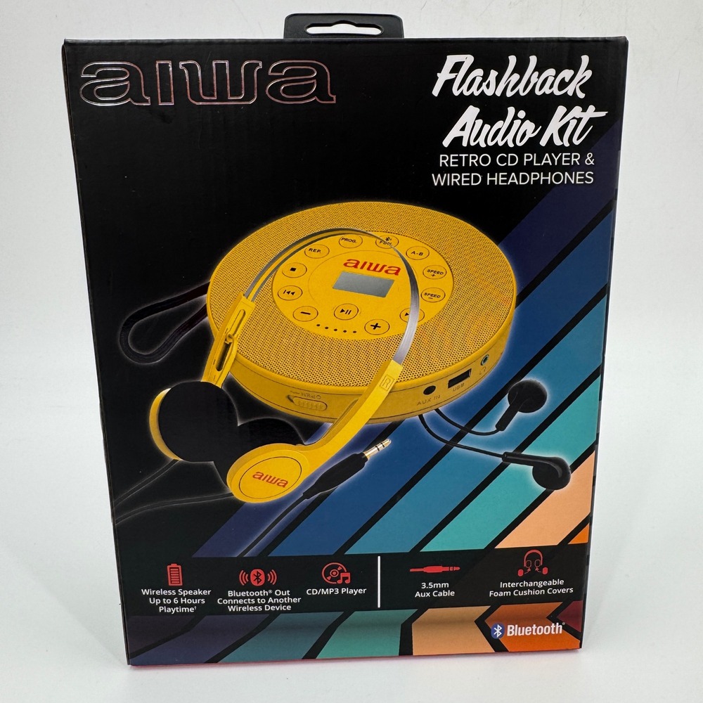 AIWA Flashback Audio Kit Retro CD Player‎ Bluetooth Wired Headphones Yellow
